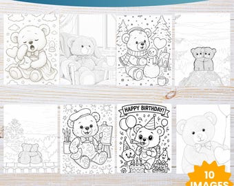 May include: A collection of ten teddy bear coloring pages. The pages feature various teddy bear illustrations, including bears with hearts, snowmen, and birthday themes. The text "Teddy Bear Coloring Pages" is at the top. The pages are 8.5" x 11".