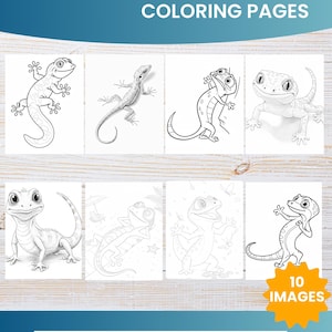 Może przedstawiać: Zestaw dziesięciu kolorowanek z ilustracjami uroczych jaszczurek. Tytuł "Cute Lizard COLORING PAGES" jest wyświetlany u góry. Strony mają wymiary 21,6 cm x 27,9 cm i są dostępne do natychmiastowego pobrania.