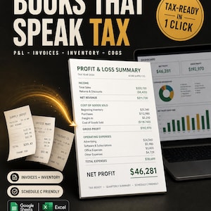 May include: A digital accounting template titled BOOKS THAT SPEAK TAX featuring a Profit & Loss Summary document, three receipts, and a laptop dashboard. The layout includes sections for invoices, inventory, and COGS, with labels for Google Sheets and Excel compatibility.