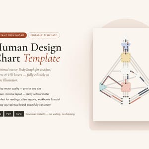 May include: A Human Design Chart Template featuring a vector BodyGraph illustration with geometric shapes in muted pastel colors. The text reads Human Design Chart Template, A minimal vector BodyGraph for coaches, readers & HD lovers, and PNG, PDF, SVG.