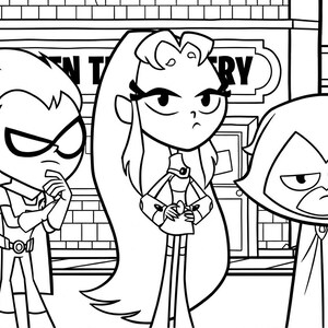 K&ouml;nnte beinhalten: Schwarz-Wei&szlig;-Strichzeichnung von drei Charakteren aus der Zeichentrickserie Teen Titans Go! Robin ist links, Starfire in der Mitte und Raven rechts. Die Charaktere stehen vor einem Geb&auml;ude.