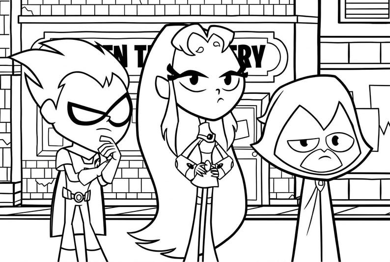 K&ouml;nnte beinhalten: Schwarz-Wei&szlig;-Strichzeichnung von drei Charakteren aus der Zeichentrickserie Teen Titans Go! Robin ist links, Starfire in der Mitte und Raven rechts. Die Charaktere stehen vor einem Geb&auml;ude.