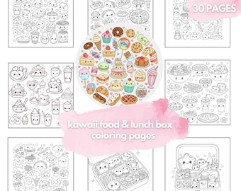 Kawaii Matmålarbilder för Barn | Söta Matlådemåltider och Roliga Matillustrationer | 30 Utskrivbara Målarböcker. (30 Sidor) Direkt Nedladdning