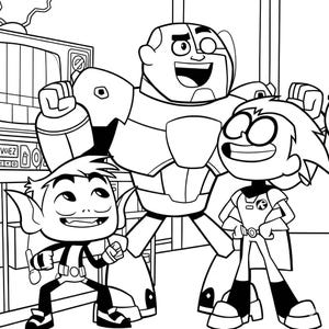 K&ouml;nnte beinhalten: Schwarz-wei&szlig; Cartoon-Bild von drei Charakteren aus der Serie Teen Titans Go! Cyborg, Beast Boy und Robin l&auml;cheln und posieren. Das Bild ist eine Strichzeichnung.