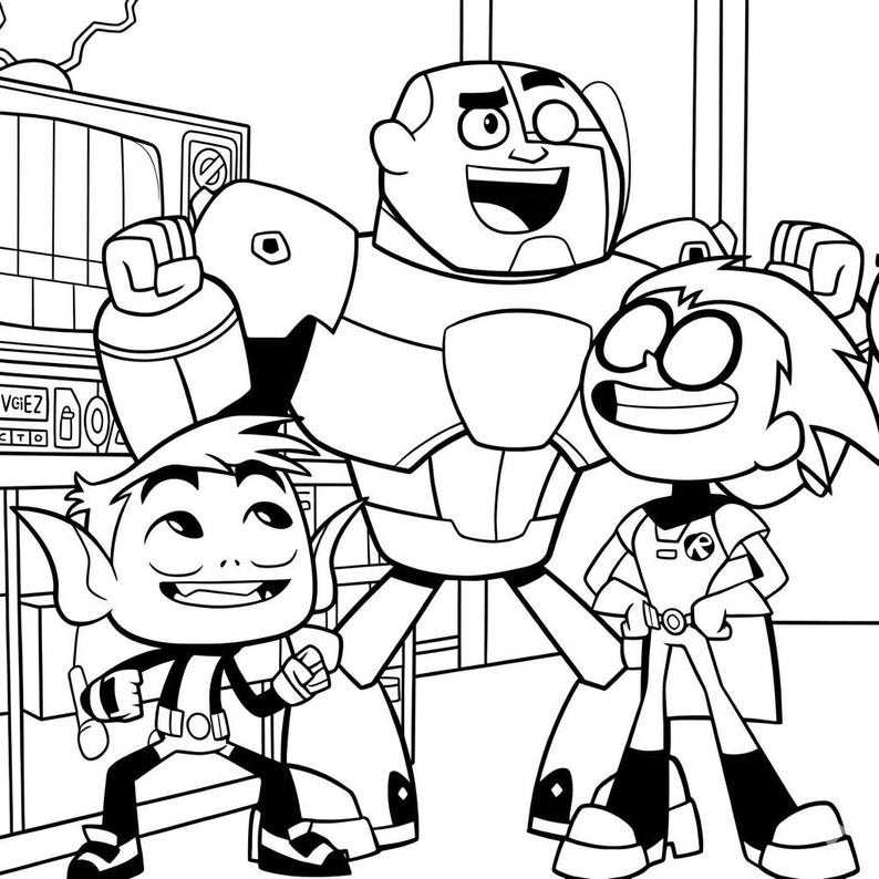 K&ouml;nnte beinhalten: Schwarz-wei&szlig; Cartoon-Bild von drei Charakteren aus der Serie Teen Titans Go! Cyborg, Beast Boy und Robin l&auml;cheln und posieren. Das Bild ist eine Strichzeichnung.