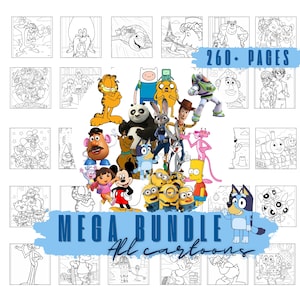 May include: A selection of cartoon character coloring pages featuring characters from various shows and films. The image includes characters like Garfield, Mickey Mouse, and the Minions. Text reads "260+ PAGES" and "MEGA BUNDLE All cartoons".