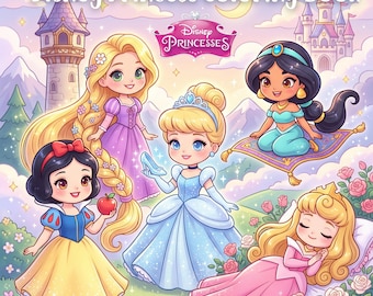Disney Prinsessor Målarbok för Barn | 50 Sidor | Disney Prinsessor Målarbilder | Digital Nedladdning | Prinsessor Målarbok i Kawaii-stil