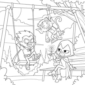 K&ouml;nnte beinhalten: Schwarz-Wei&szlig;-Cartoon-Illustration mit Charakteren aus Teen Titans Go!. Robin schwingt auf einer Schaukel, Beast Boy h&auml;ngt an einem Ast und Raven sitzt auf einer Bank und h&auml;lt eine Blume.
