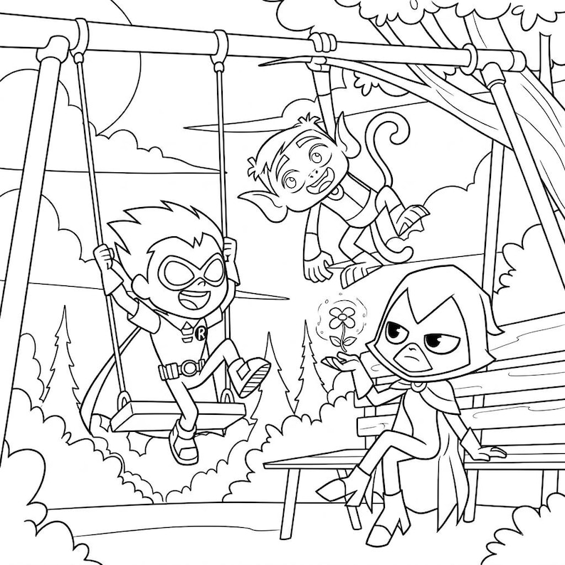 K&ouml;nnte beinhalten: Schwarz-Wei&szlig;-Cartoon-Illustration mit Charakteren aus Teen Titans Go!. Robin schwingt auf einer Schaukel, Beast Boy h&auml;ngt an einem Ast und Raven sitzt auf einer Bank und h&auml;lt eine Blume.