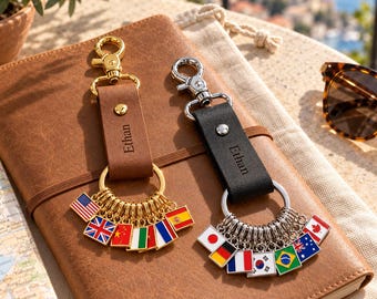 Custom Travel Keychain with Country Flags, Personalized Name Strap, Vacation Memory Gift, Traveler Charm Keyring