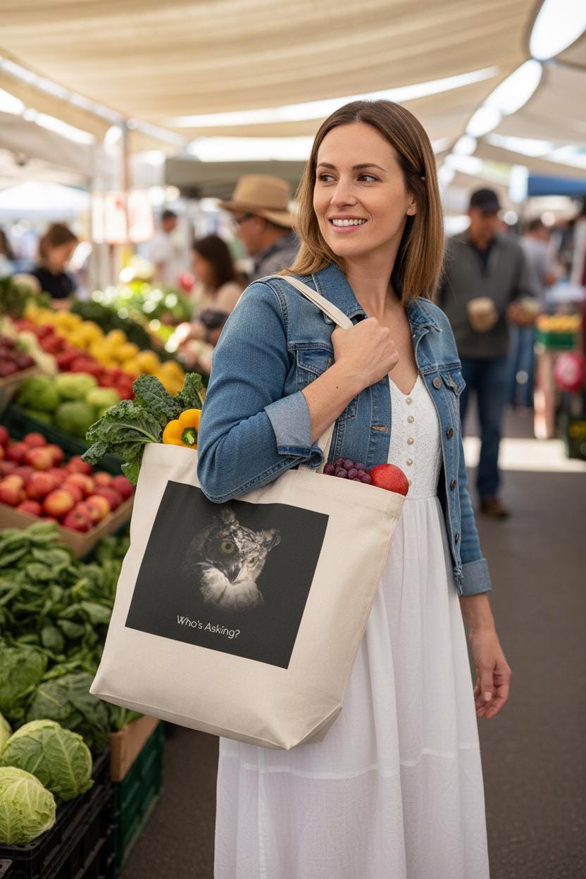 Who's Asking -  Horned Owl Canvas Tote  |Wildlife Photo Shoulder Bag, Victoria BC Gorge Waterway