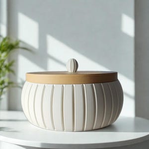 Puede incluir: Un tarro de cerámica blanco con tapa de madera. El tarro tiene ranuras verticales y un pequeño pomo redondo en la parte superior. La tapa es de color marrón claro. El tarro está sobre una superficie blanca.