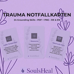 Könnte beinhalten: Eine lavendelfarbene Grafik mit drei Karten mit deutschem Text, Lavendelzweigen und den Worten "TRAUMA NOTFALLKARTEN" und "24 Grounding Skills". Die Karten tragen Titel wie "Kalte Temperatur" und "Resource".