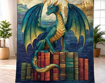 Dragon Book Throw Blanket, Fantasy Dragon Book Blanket, Dragon Lover Gift, Library Dragon Quilt, Book Lover Blanket, Fantasy Bedding Decor