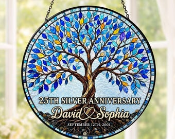 25th Silver Wedding Anniversary Glass Suncatcher, Tree of Life 25th Anniversary Gift, 25th Wedding Anniversary Keepsake, 25th Silver Wedding