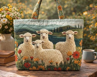 Floral Sheep Tote Bag, Farm Animal Sheep Bag, Cute Lamb Tote, Rustic Countryside Bag, Gift for Animal Lover, Sheep Country Farm bag