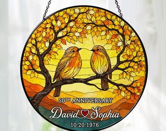 Personalized Wedding Anniversary Gift Lovebirds Glass Suncatcher, 50th Golden Anniversary Gift For Parents Window Hangings Couple Gift Decor