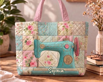 Personalized Sewing Machine Tote Bag, Vintage Floral Quilt Bag, Custom Seamstress Gift, Sewing Lover Gift for Mom Grandma, Sewing Tote Bag