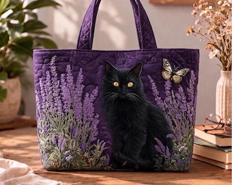 Black Cat Tote Bag, Lavender Floral Bag, Cat Lover Gift, Gothic Cottagecore Everyday Bag, Lavender Garden Tote, Cat Lover Flower Bag Gift