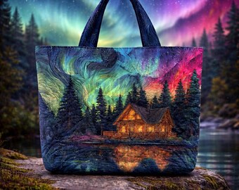Northern Lights Tote Bag, Aurora Borealis Cabin Bag, Night Sky Landscape Tote, Nature Lover Gift, Travel Bag, Northern Lights Forest Bag