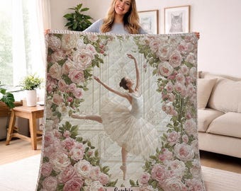 Personalized Ballerina Floral Blanket, Ballet Dancer Blanket, Custom Name Ballet Quilt, Floral Ballet Bedding, Dance Lover Gift, Dance Decor