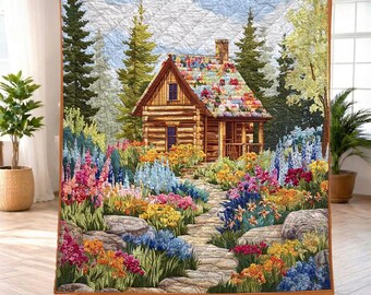 Cabin in Flower Garden Blanket, Rustic Cottage Landscape Quilt, Cozy Nature Throw Blanket, Woodland Cabin Decor Gift, Floral House Gift