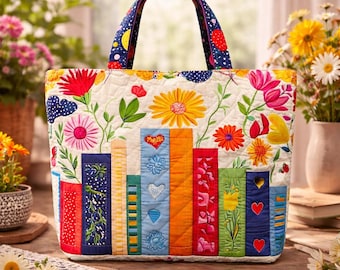 Custom Floral Book Tote Bag, Colorful Library Flower Bag, Book Lover Gift, Aesthetic Flower Tote, Reader Gift, Gift for Book Lover Tote Bag