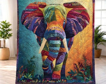Colorful Boho Elephant Quilt Blanket, Elephant Animal Throw, Boho Elephant Blanket, Safari Art Blanket, Gift for Animal Lover, Elephant Gift