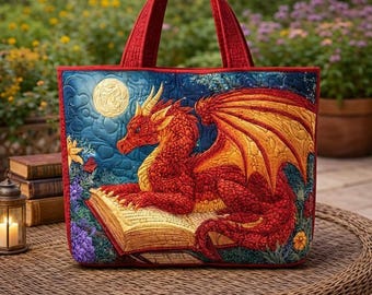 Dragon Book Lover Tote Bag, Fantasy Dragon Reading Handbag, Mythical Creature Gift, Gothic Aesthetic Tote, Bookish Tote Bag, Book Lover Gift