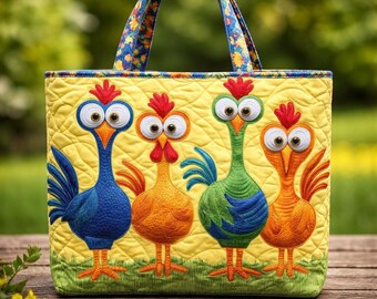 Funny Chicken Tote Bag, Colorful Rooster Farm Tote, Cute Farm Animal Handbag, Country Hen Gift for Her, Quirky Chicken Farm Tote Bag