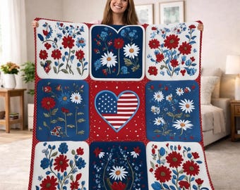 Patriotic Floral Quilt Blanket, American Flag Heart Throw, Red White Blue Daisy Quilt, 4th of July Gift, USA Lover Cozy Blanket, Patriotic