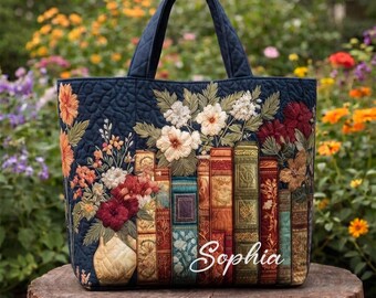 Personalized Book Floral Lover Tote Bag, Custom Floral Book Tote, Vintage Library Aesthetic Bag, Gift for Reader Women, Book Flower Gift Bag