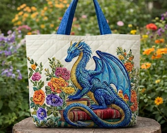 Blue Dragon Floral Tote Bag, Fantasy Book Lover Handbag, Mythical Creature Gift, Aesthetic Garden Tote, Dragon Lover Book Bag, Floral Book