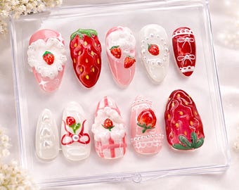 Uñas postizas de postre de fresa, set de uñas de fresa 3D Kawaii, uñas lindas y coquetas, arte de uñas de crema dulce, regalo de uñas de fresa rosa