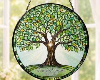 Personalized Tree of Life Glass Suncatcher, Custom Names & Date Wedding Anniversary Gift, Wedding Keepsake for Her, Anniversary Window Decor