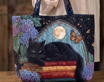 Black Cat Book Tote Bag, Gothic Cat Lover Gift, Moon Night Cat Bag, Floral Cat Tote, Book Lover Tote Bag, Mystical Black Cat, Cat Moon Book