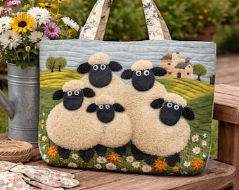 Cute Sheep Tote Bag, Farm Animal Handbag, Cottagecore Floral Tote, Funny Sheep Gift, Country Farm Tote for Women, Country Farm Sheep ToteBag