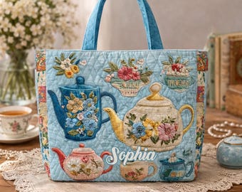 Personalized Floral Teapot Tote Bag, Floral Drink Tea Style Bag, Cottagecore Vintage Tea Lover Gift, Tea Lover Aesthetic Bag, Gift For Mom