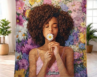 Personalized Black Girl Floral Blanket, Afro Woman Flower Art Blanket, Cozy Quilt Throw for Her, Black Woman Daisy Floral, Afro Girl Floral