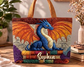 Personalized Dragon Book Tote Bag, Dragon Fantasy Tote, Dragon Book Lover Bag, Gift for Reader, Fantasy Art Tote, Book Lover Gift , Reading