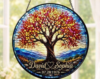 Wedding Anniversary Gift, Personalized 50th Anniversary Stained Glass, Tree of Life Suncatcher, Golden Anniversary Gift, Keepsake for Her