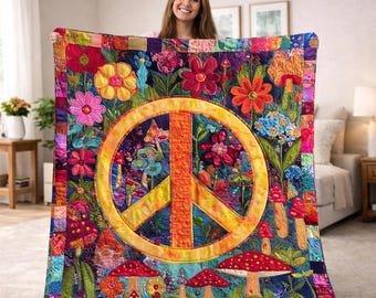 Peace Sign Floral Blanket, Hippie Floral Throw, Boho Mushroom Blanket, Retro Floral Hippie Decor, Nature Lover Gift, Hippie Peace Decor