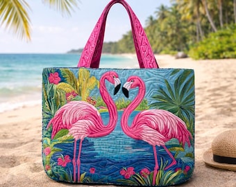 Couple Flamingo Tote Bag, Tropical Pink Flamingo Handbag, Summer Beach Bag, Aesthetic Floral Tote, Gift for Her, Cute Animal Tropical Tote