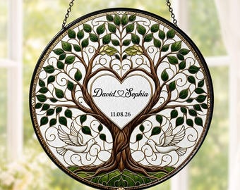 Personalized Heart Tree Stained Glass Style Suncatcher, Anniversary Gift for Couple, Bridal Shower Gifts, Wedding Gift for Bride & Groom