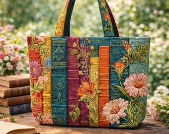 Floral Book Lover Tote Bag, Vintage Library Books Handbag, Aesthetic Bookish Gift for Reader, Teacher Gift, Vintage Floral Books Tote Bag