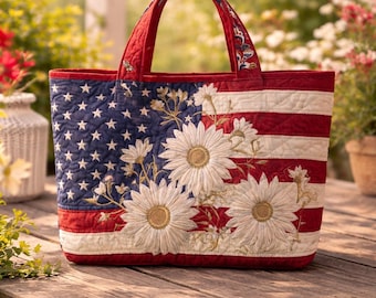 Patriotic Daisy Tote Bag, American Flag Floral Bag, 4th of July Gift, USA Pride Tote, Summer Independence Day Bag, Daisy Flower Flag Bag