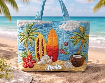 Personalized Beach Summer Tote Bag, Tropical Flower Summer Bag, Surfboard Palm Tree Bag, Tropical Vacation Tote Gift for Women, Beach Gift