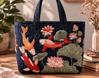 Koi Fish Lotus Tote Bag, Japanese Style Gift Tote, Zen Floral Bag, Asian Japan Tote, Gift for Women, Japanese Koi Fish Tote Bag, Zen Garden