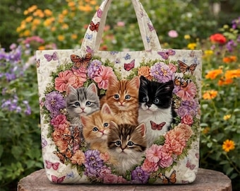 Cute Kitten Flower Tote Bag, Cat Lover Gift, Floral Cat Bag with Butterflies, Kawaii Cat Tote, Gift for Her, Cat Mom Gift, Cute Cat Bag Gift