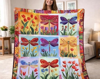 Dragonfly Floral Blanket, Colorful Floral Garden Throw, Cottagecore Nature Decor, Garden Lover Gift, Spring Dragonfly Summer Blanket